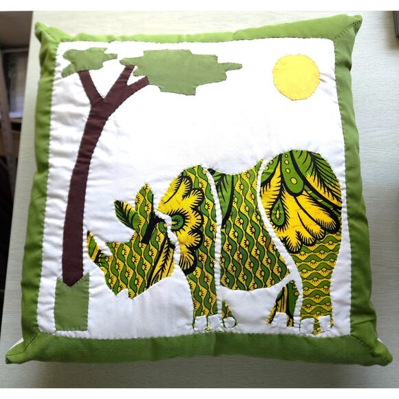 THROW PILLOW-Sasik-Zanzibar-Hand Made-Green Yellow-Rhinoceros-Applique-19"x19" - Picture 1 of 9